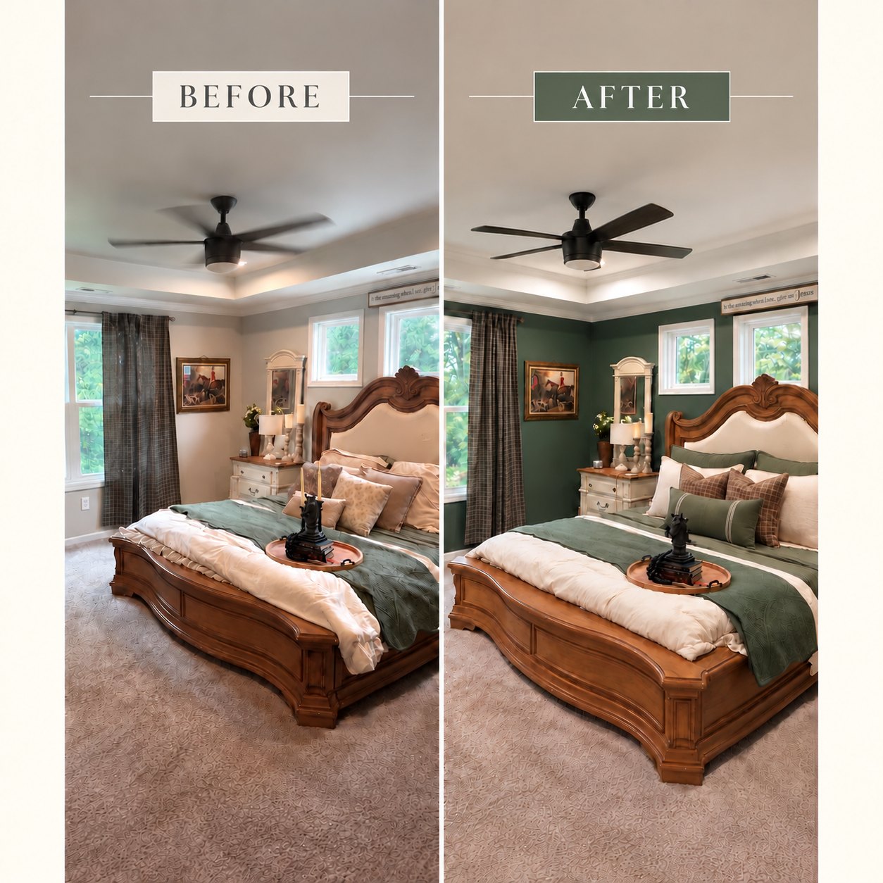 Before and after of a primary bedroom repainted from gray to deep green
