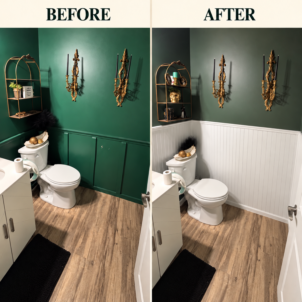 Before and after of a powder room: bright green walls repainted a deep green above new white beadboard wainscot